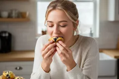 Žena jí borůvkový muffin v domácí kuchyni, vychutnává si snídani nebo svačinu.