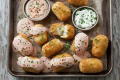 Smažené sýrové krokety s omáčkou na plechu, ideální slané pohoštění nebo předkrm.