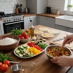 Příprava zeleninových tortill v moderní kuchyni, čerstvé ingredience na stole