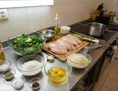 Ingredience na přípravu kuřecího masa: prsa, vejce, mouka, koření, olej a čerstvý špenát.