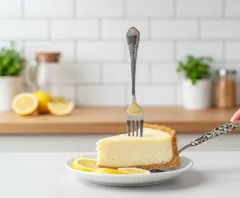 Kousek citronového cheesecake na talíři s vidličkou, v pozadí citrony a bylinky.