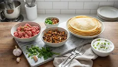 Ingredience na přípravu palačinek s masem a zeleninou na kuchyňské lince